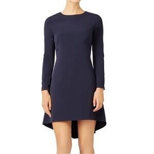 Nha Khanh Navy North Dress Fit & Flare Sz 4 Blue Long Sleeve Zip Hi Low Cocktail